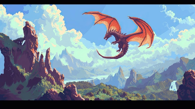 Pixel dragon Style fantaisie ailes de feu serpent flamme conte de fées tête de princesse serpent lézard écailles mythe de chevalier or château mouches généré par AI