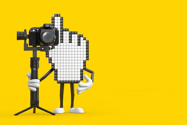 Pixel Hand Cursor Mascot Person Character avec DSLR ou caméra vidéo Système de trépied de stabilisation de cardan Rendu 3d