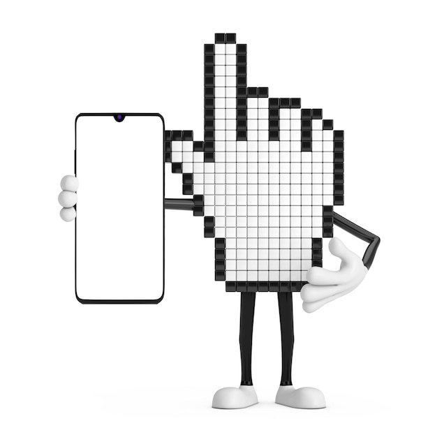 Pixel Hand Cursor Mascot Person Character et Modern Mobile Phone with Blank Screen for Your Design 3d Rendering