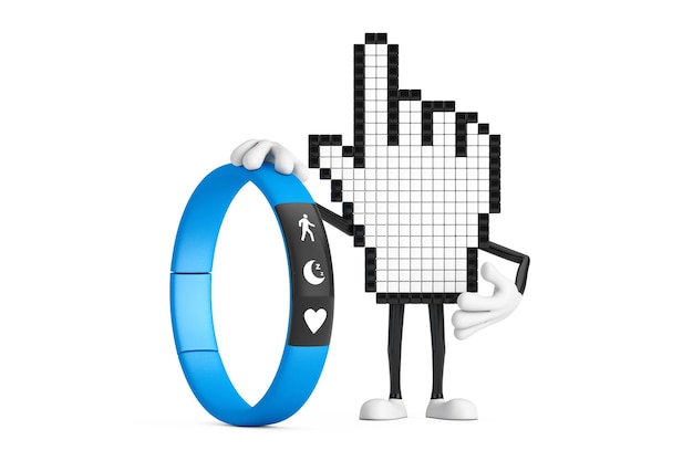 Pixel Hand Cursor Mascot Person Character with Blue Fitness Tracker 3d Rendering