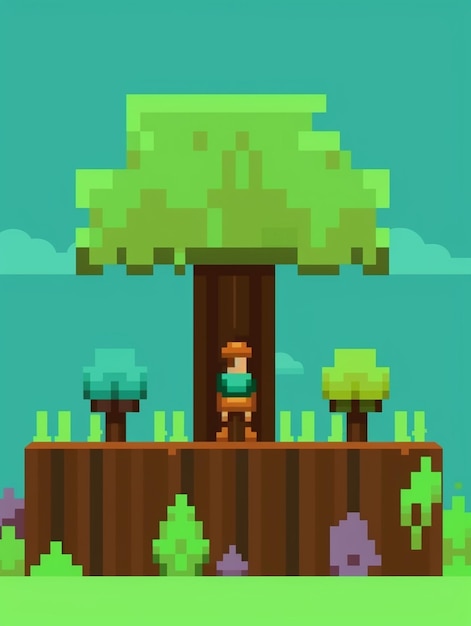 Photo pixel pixel art d'un arbre avec un homme assis sur un banc ai générative