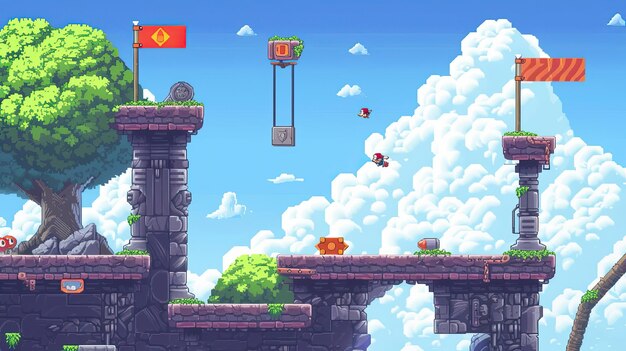 Pixel platformer Style puzzle niveau saut de jeu d'ordinateur console gameplay gamedev clavier personnage rétro généré par AI