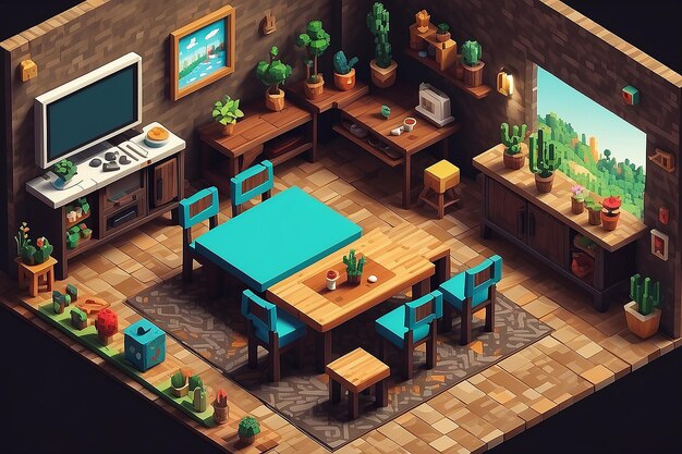 Photo pixelated dining adventure 8bit world blocky furniture pixel art il s'agit d'une aventure de restauration pixelée qui se déroule dans le monde des blocs.