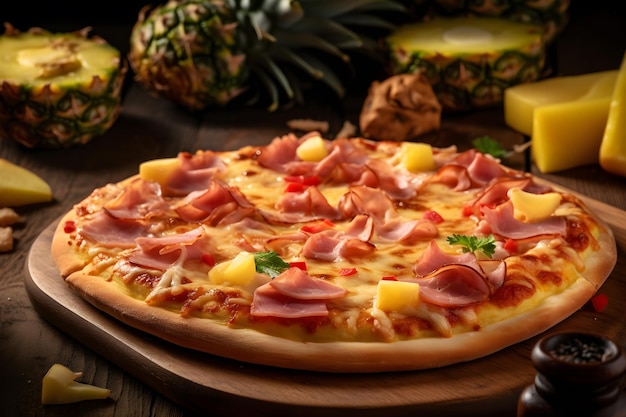 Une pizza avec des ananas dessus