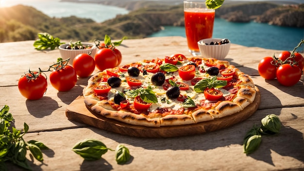 Une pizza appétissante avec des tomates, des olives et du basilic au bord de la mer.