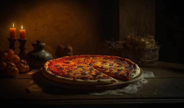 Pizza sur une assiette en bois avec une tranche de nourriture traditionnelle italienne manquante sur la table en bois à l'ancienne et des bougies en toile de fond AI générative