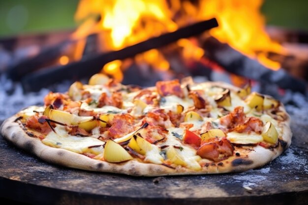 Photo pizza au barbecue au feu de bois avec des morceaux de bois de chauffage en arrière-plan