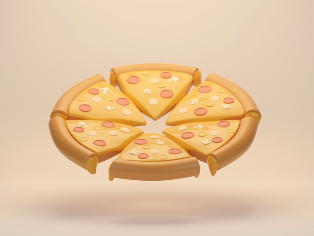 Pizza au fromage coupée en morceaux égaux sur fond Mise à plat de quatre pizzas au fromage rendu 3d