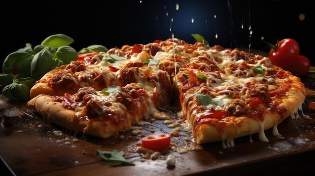 pizza au fromage fondu garnie de viande et de légumes sur la table avec un arrière-plan flou