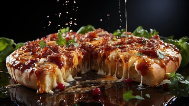 pizza au fromage fondu garnie de viande et de légumes sur la table avec un arrière-plan flou