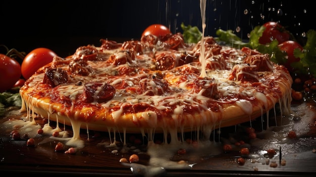pizza au fromage fondu garnie de viande et de légumes sur la table avec un arrière-plan flou