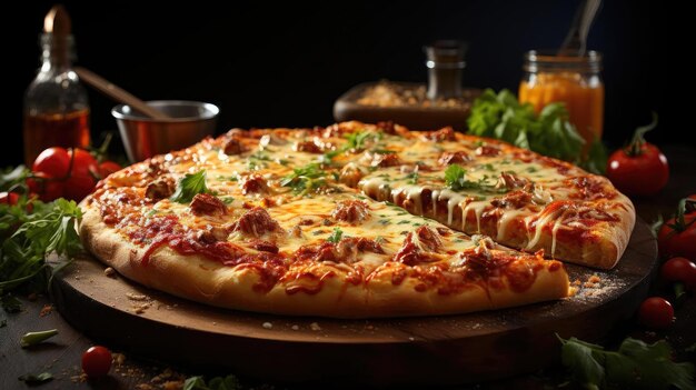 pizza au fromage fondu garnie de viande et de légumes sur la table avec un arrière-plan flou