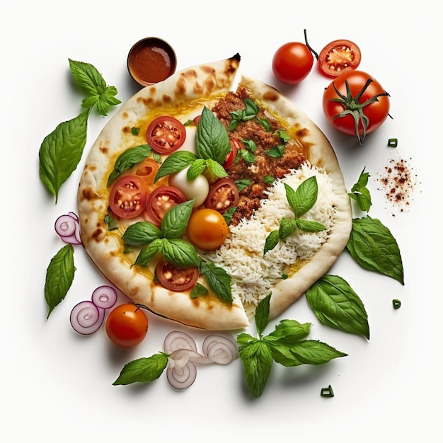 Une pizza au fromage tomate basilic oignon mozzarella