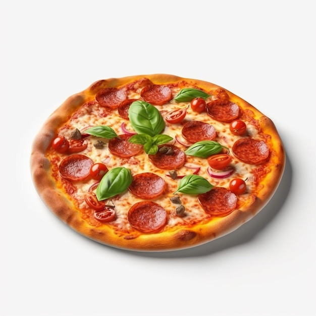 Une pizza au pepperoni et basilic sur fond blanc