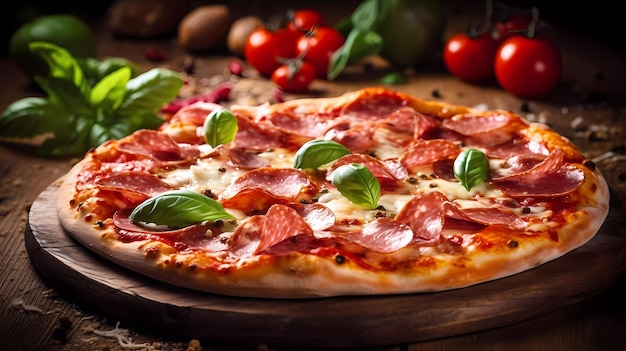 Une pizza au pepperoni et basilic sur une table en bois