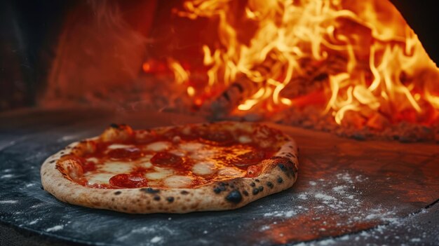 Une pizza au pepperoni brûlant avec des flammes ardentes et une croûte croustillante