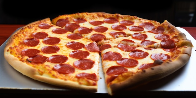 Une pizza au pepperoni dessus est coupée en tranches.