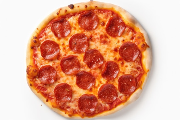 Une pizza au pepperoni dessus sur fond blanc