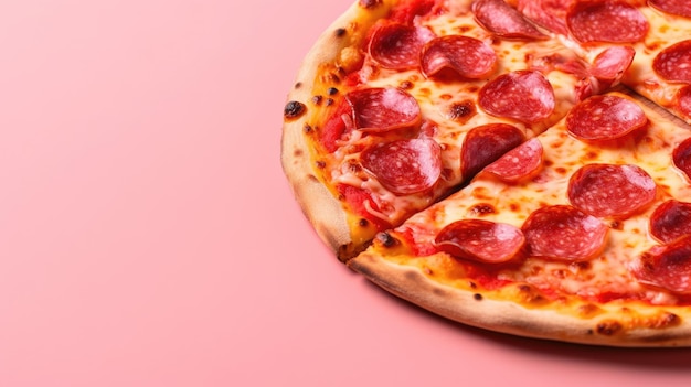 Une pizza au pepperoni dessus sur fond rose