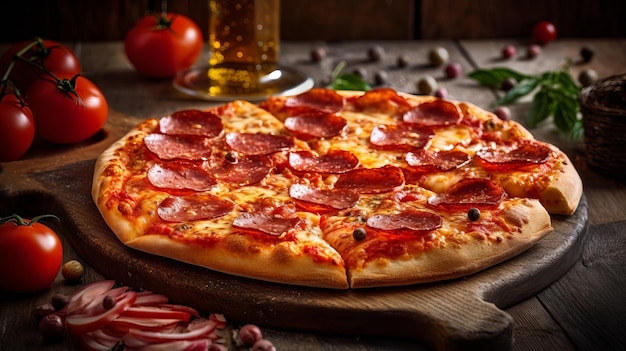 Photo une pizza au pepperoni dessus et un verre de bière sur la table