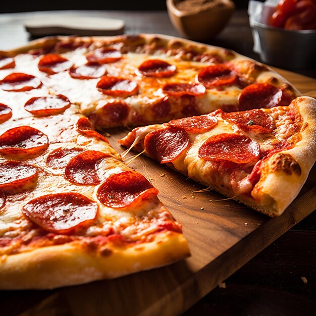 Une pizza au pepperoni est sur une planche à découper avec un bol de fruits.