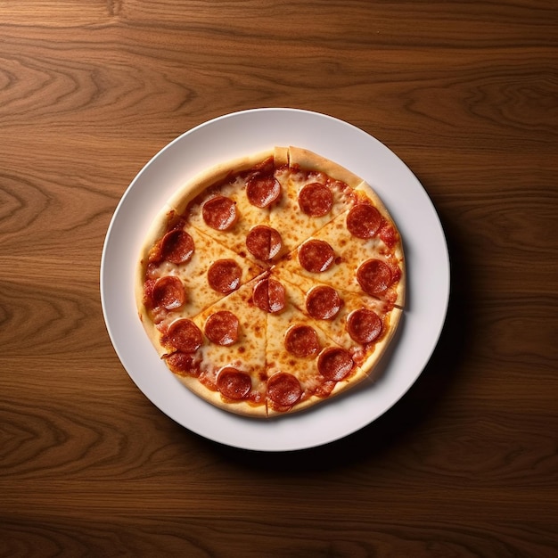 Une pizza au pepperoni est posée sur une assiette blanche sur une table en bois.