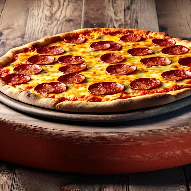 Une pizza au pepperoni est posée sur une table à côté d'une cheminée.