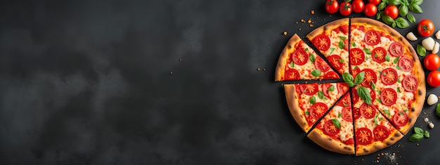 Pizza au pepperoni sur fond noir vue de dessus de pizza au pepperoni chaud Banner Generative AI