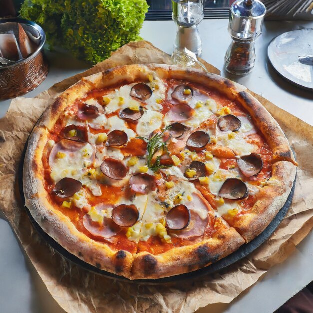 Une pizza au pepperoni fraîchement cuite sur une table en bois