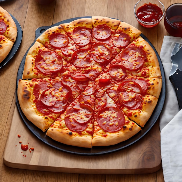 Une pizza au pepperoni et fromage sur une table
