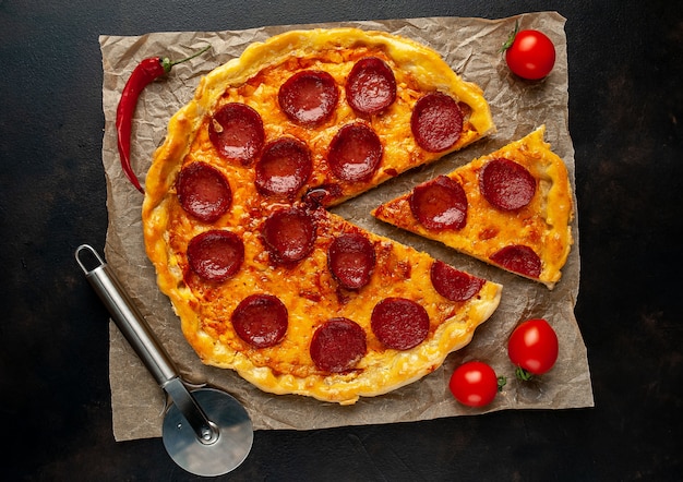 Pizza au pepperoni maison sur un fond de pierre