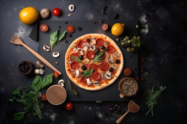 Une pizza au pepperoni et olives sur fond noir