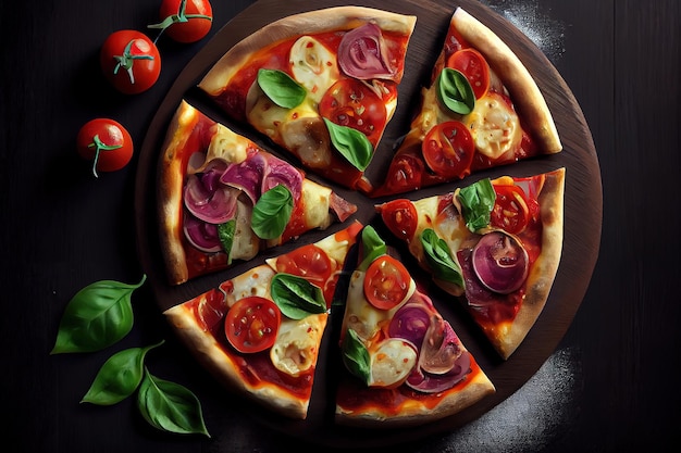 Pizza au pepperoni savoureuse et ingrédients de cuisine tomates basilic sur fond de béton noir