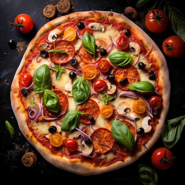 Pizza au pepperoni savoureuse et ingrédients de cuisine tomates Vue de dessus de la pizza italienne chaude à la mozzarella