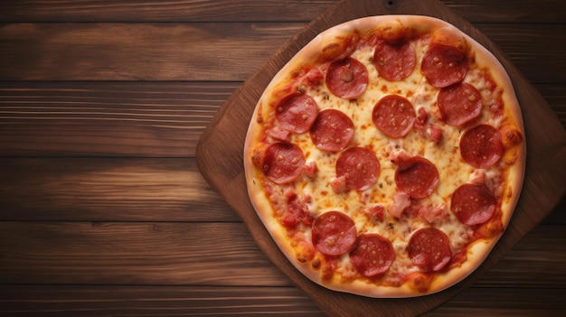 Une pizza au pepperoni sur une table en bois