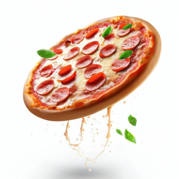 Une pizza au pepperoni volant dans les airs.