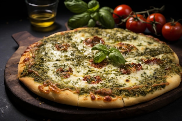 Une pizza au pesto au poulet