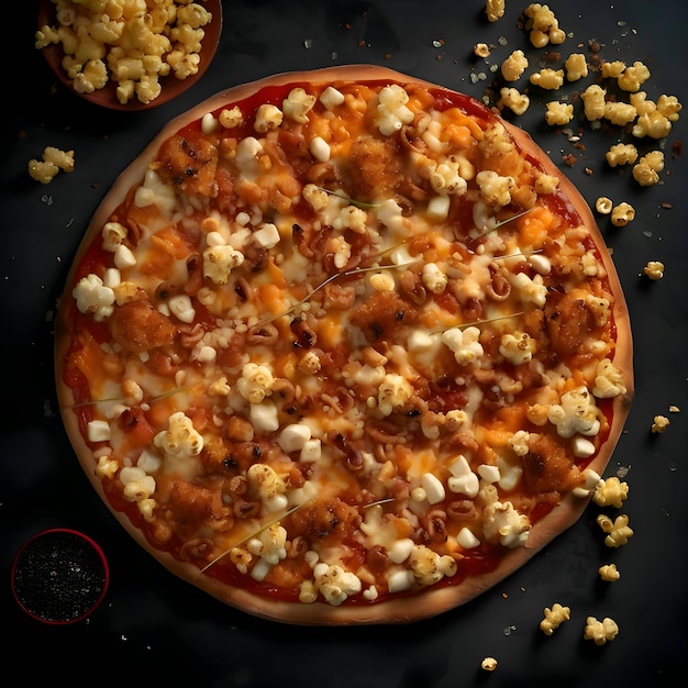 Pizza au pop-corn sur une table sombre