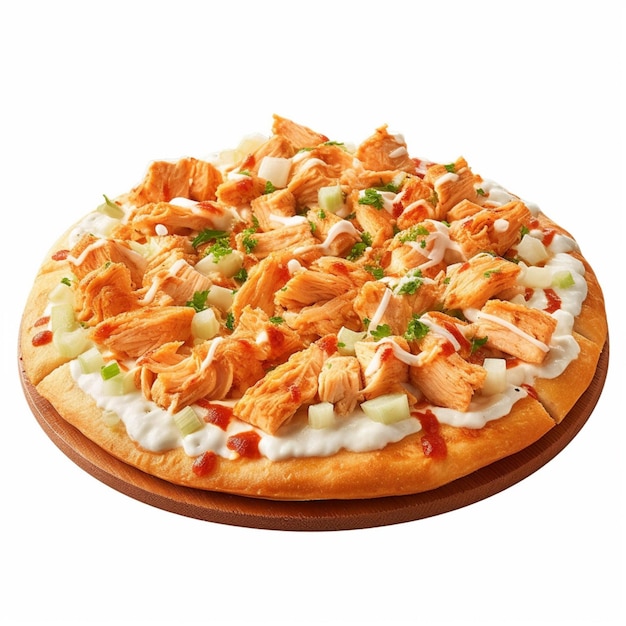 Une pizza au poulet dessus et un fond blanc