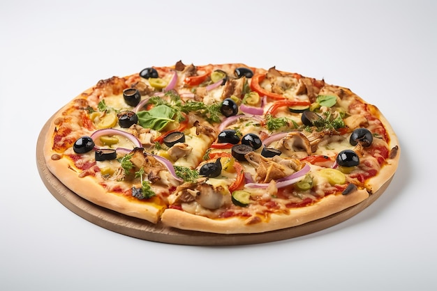 Pizza au poulet, olives noires, oignon rouge, oignon rouge et olives noires sur une planche de bois.