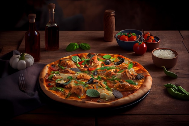 Pizza au poulet sur une table ai générative