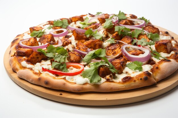 Pizza au poulet à la tikka à fond blanc