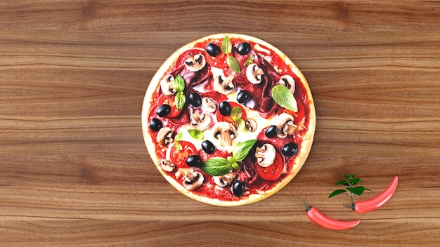 Pizza au salami et aux olives fond publicitaire rendu 3D