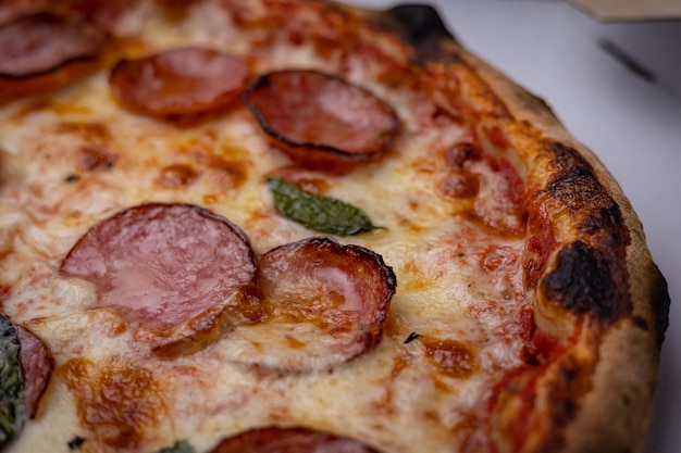 pizza au salami, fromage, tomates et basilic. Fast food. l'alimentation de rue