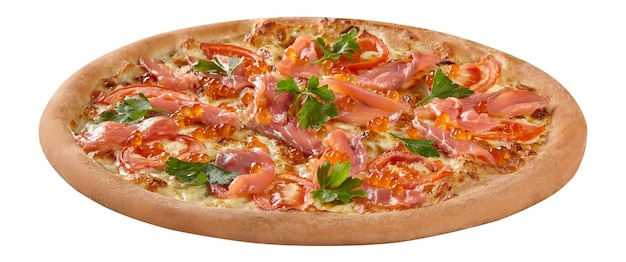Photo pizza au saumon fumé sauce au fromage à la crème de caviar rouge mozzarella fondue et tomates