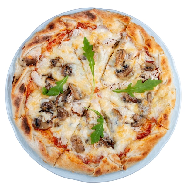 Pizza aux champignons et mozzarella sur fond blanc