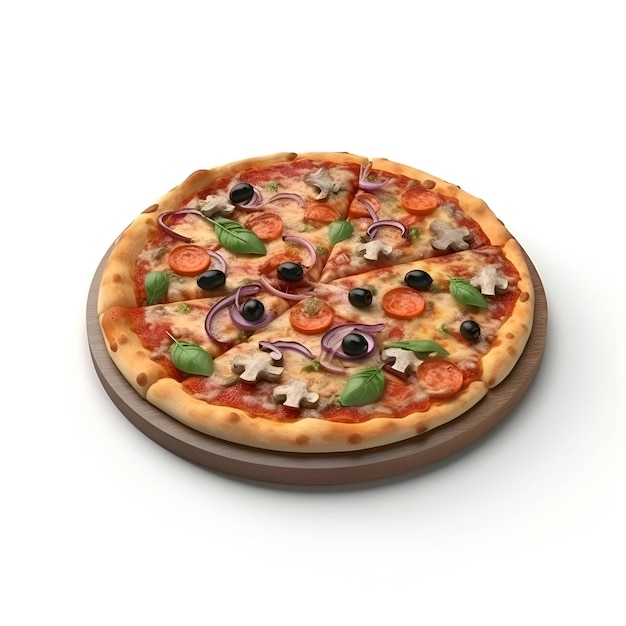 Pizza aux champignons olives et basilic isolé sur fond blanc