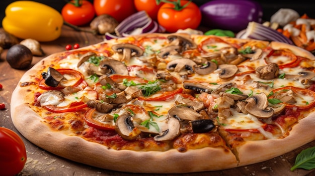 Une pizza aux champignons et tomates dessus