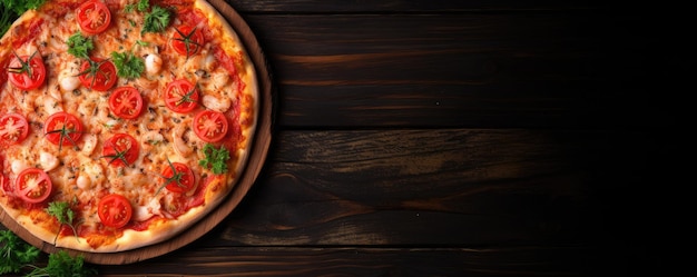 Pizza aux fruits de mer avec sauce tomate sur table en bois Générative ai