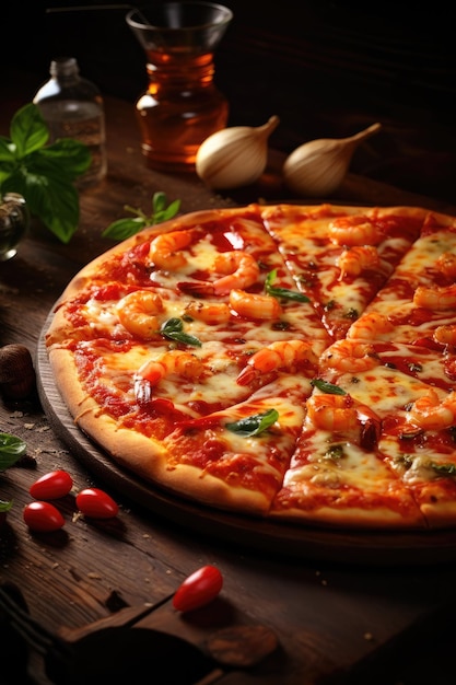 Pizza aux fruits de mer avec sauce tomate sur table en bois